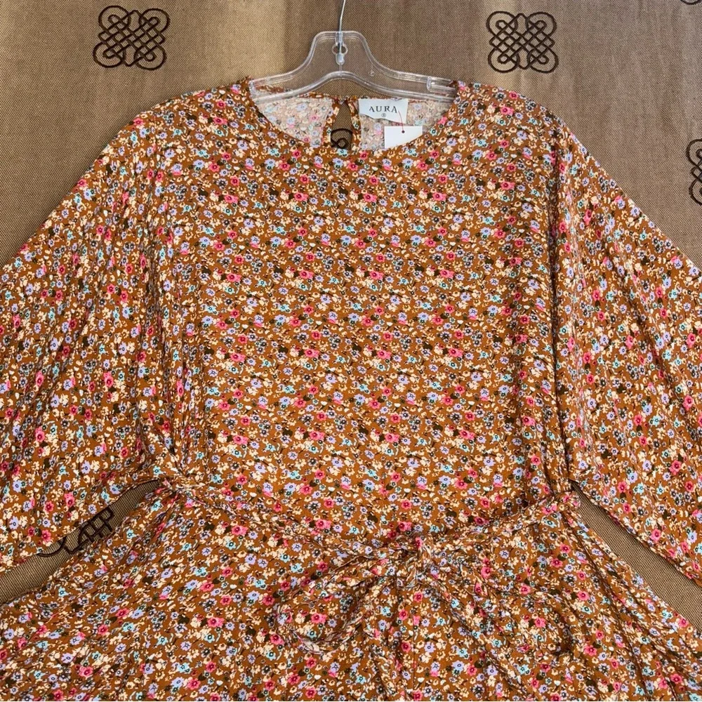 Aura Ella Mini Print Braided Brll Short Dress In Brown /Multi Floral Print - Picture 8 of 16